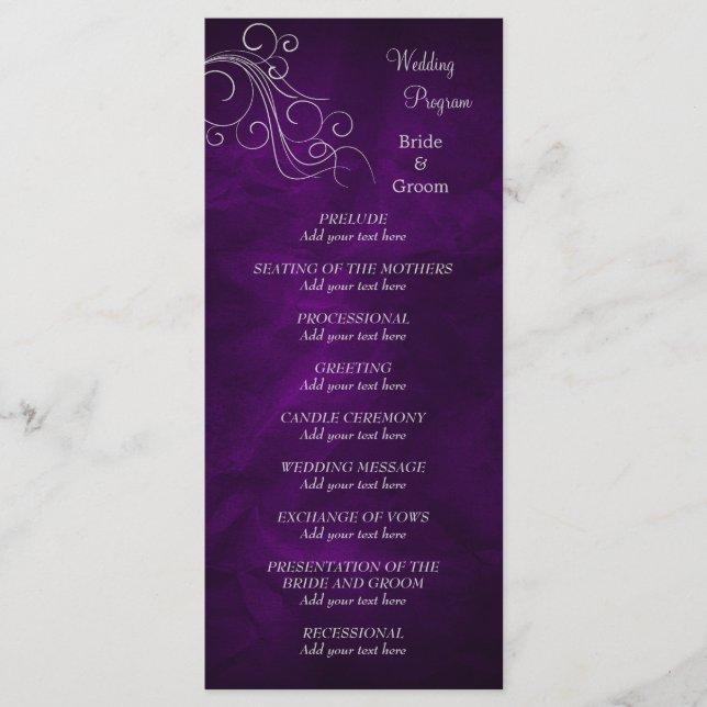 Élégant Purple Silver Wedding Programme (Devant)