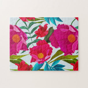 Élégant Puzzle Tropical Rose Et Fleurs Rouges