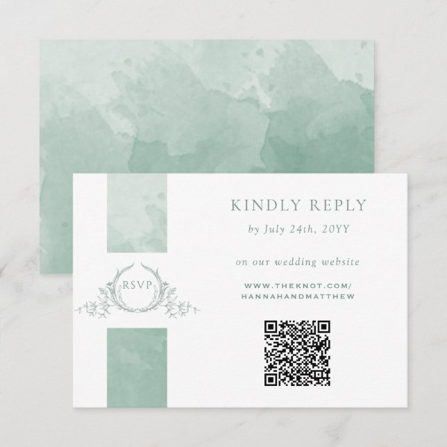 Elégant QR Code RSVP Pale Green Monogram Mariage (Devant / Derrière)