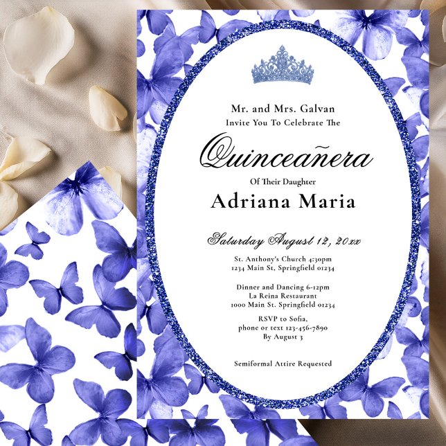 Elegant Quinceanera Invitation Blue Butterflies (Créateur téléchargé)