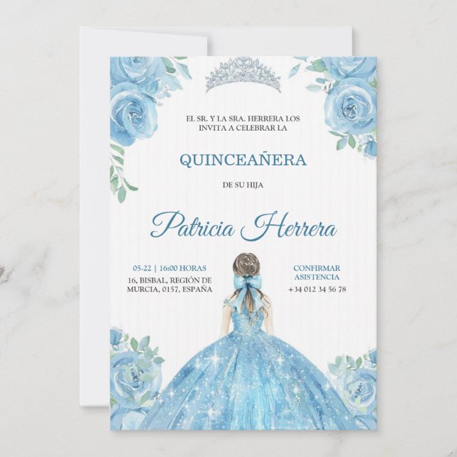 Elegant quinceanera Invitation blue floral theme (Devant)