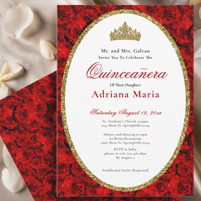 Elegant Quinceanera Invitation Gold Red Floral  (Créateur téléchargé)