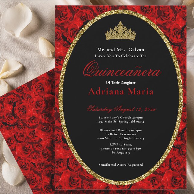 Elegant Quinceanera Invitation Gold Red Floral  (Créateur téléchargé)