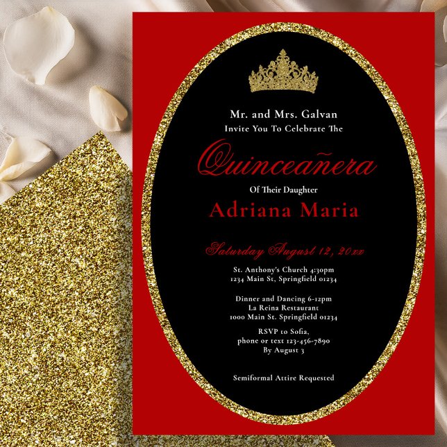Elegant Quinceanera Invitation Gold Red Glitter (Créateur téléchargé)