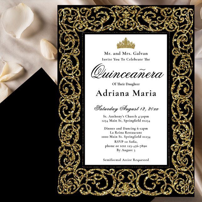 Elegant Quinceanera Invitation Gold Scrollwork (Créateur téléchargé)