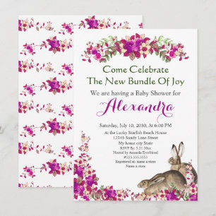 Elégant Rabbit rose Floral Baby shower invitation