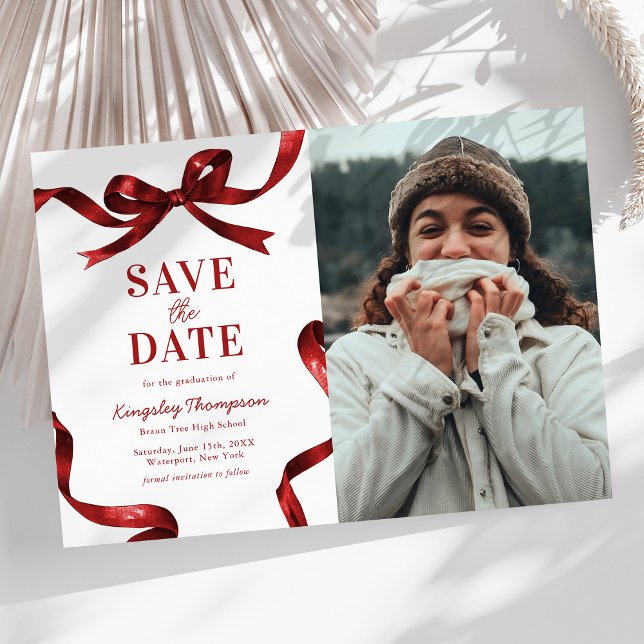 Elegant Red Bow Graduation Save the Date (Créateur téléchargé)