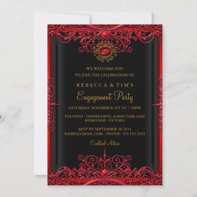 Elégant Red Damask Engagement Party Invitation (Devant)