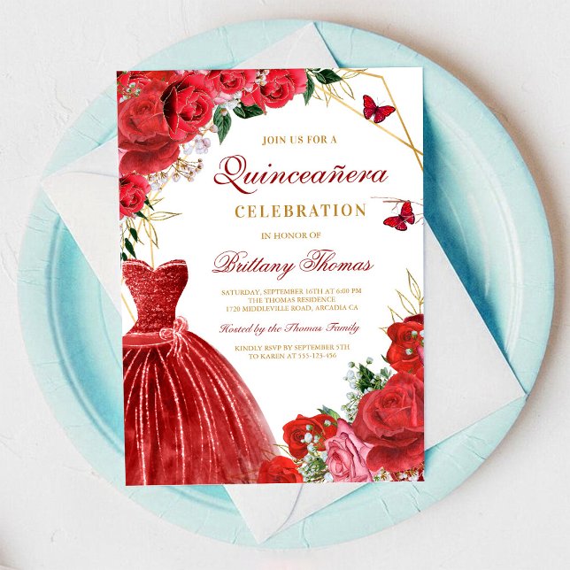 Elegant Red Floral Quinceañera Invitation (Créateur téléchargé)
