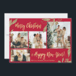 Elégant Red Gold 4 Photo Collage Carte de Noël<br><div class="desc">Feuilles botaniques élégants et modernes de Faux Gold sur Carmine Red 4 Photo Collage Joyeux Noël Carte de Noël. Ce modèle festif, mimimaliste, fantasque quatre (4) cartes de vacances photo présente un joli collage photo, faux feuilles botaniques feuille d'or, des hivernages et dit Joyeux Noël et Bonne Année! Le texte...</div>