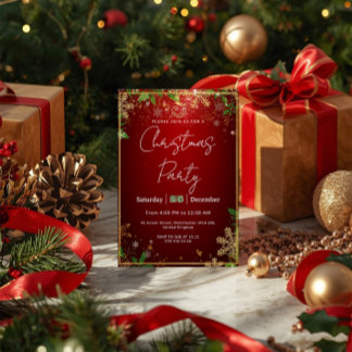 Elegant, Red & Gold, Christmas Party Invitation