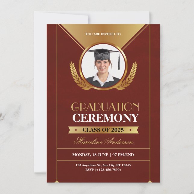 Elegant Red Gold Graduation Ceremony Invite (Devant)