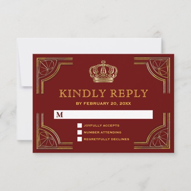 Elégant Red Gold Ornate Crown Wedding RSVP (Devant)
