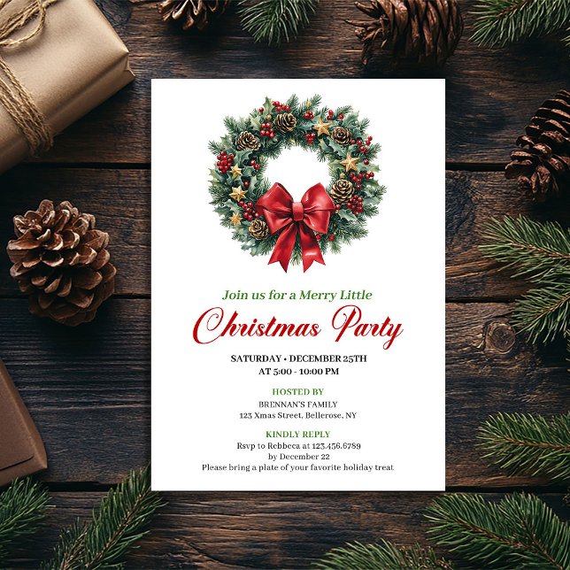 Elegant Red Green Pine Wreath Party Invitation (Elegant Red Green Pine Wreath Party Invitation)