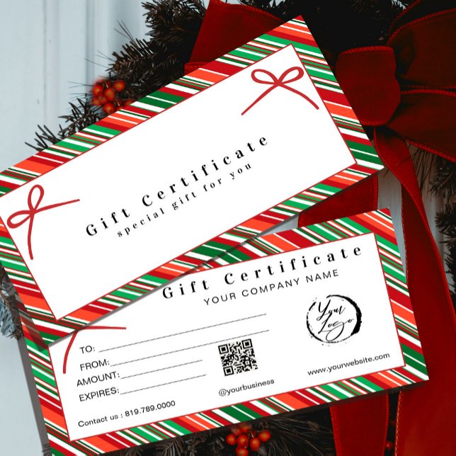 Elegant Red & Green Striped Gift Certificate \ Bow (Elegant Red & Green Striped Gift Certificate with Bows #zazzlemade #christmasvouchercard #holiday)