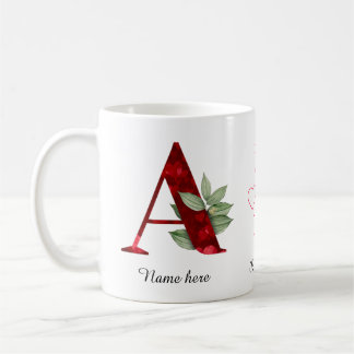 Elegant Red Heart Floral Letter A Initial Mug