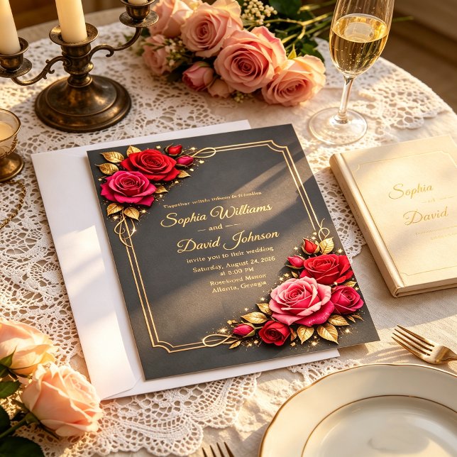 Elegant Red & Pink Roses Wedding Invitation Back (Créateur téléchargé)