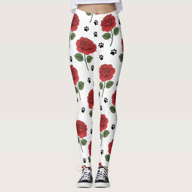 Elegant Red Rose & Playful Paw Print Leggings (Devant)