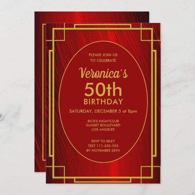 Elégant Red Satin 50e anniversaire Invitation (Devant / Derrière)