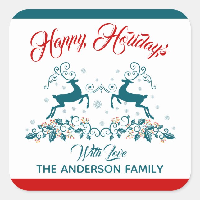 Élégant Reindeer et Étiquette de Noël Holly (Devant)