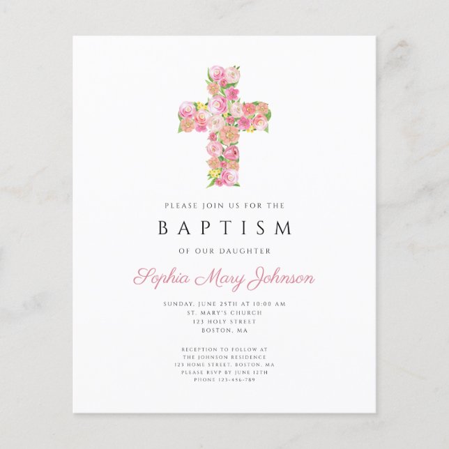 Élégant Religieux Rose Floral Croix Baptême  (Devant)