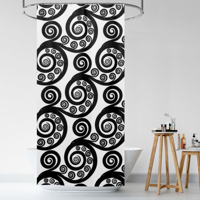 Elégant rideau noir & blanc perce Douche rideau (Elegant Black & White Curly Swirls Shower Curtain)