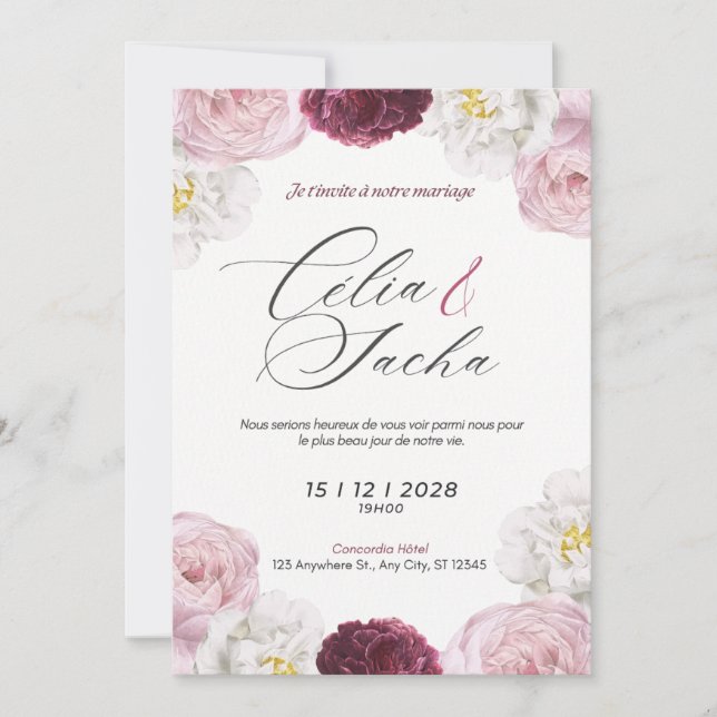 Elegant Romantic Floral Wedding Invitation Card (Devant)