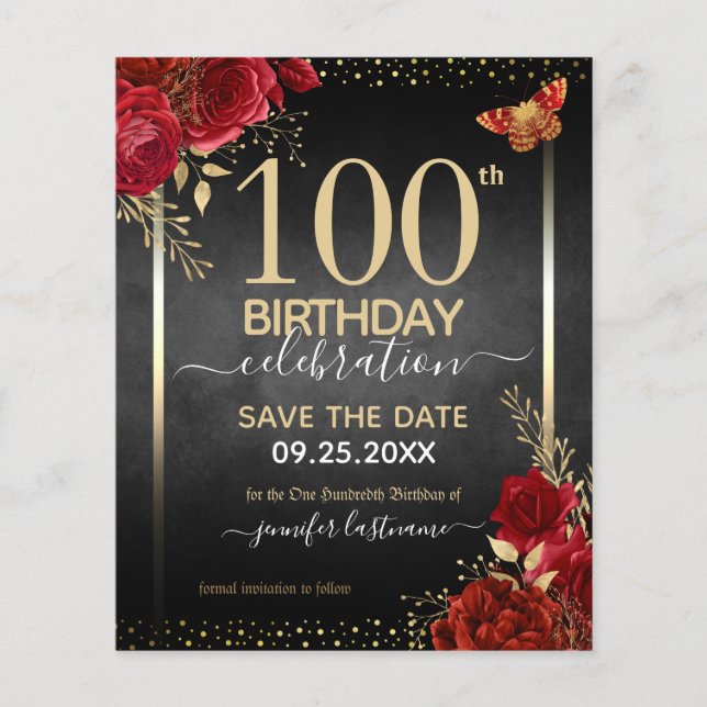 Élégant Rose 100e anniversaire Enregistrer la date (Devant)