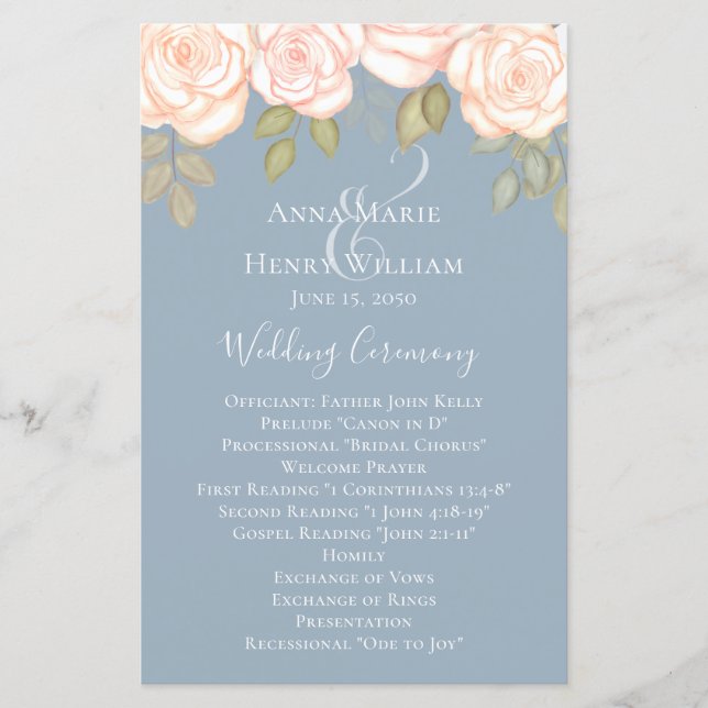Elégant Rose aquarelle Dusty Blue Wedding Programm (Devant)