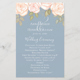 Elégant Rose aquarelle Dusty Blue Wedding Programm
