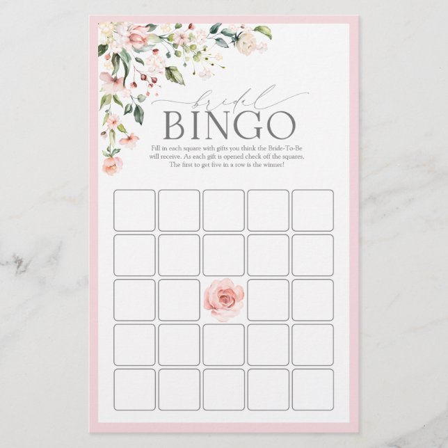 Elégant rose Aquarelle Florale Bridal Jeu de Bingo (Devant)