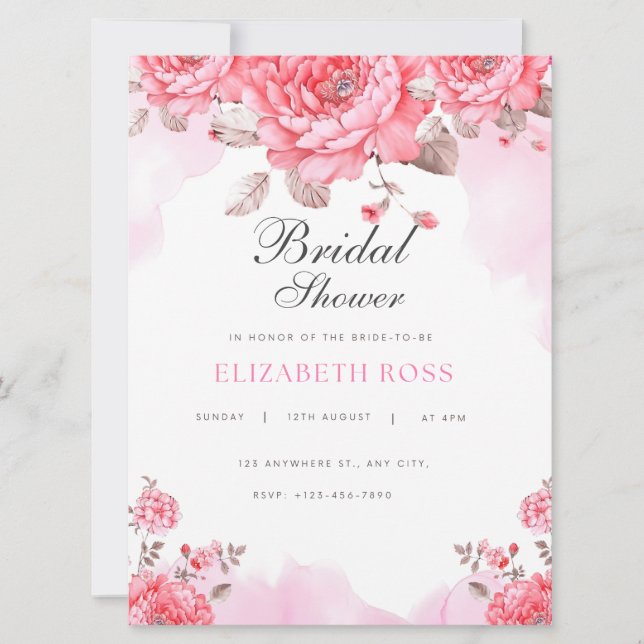 Elégant rose Aquarelle Nuptiale Douche Invitation (Devant)