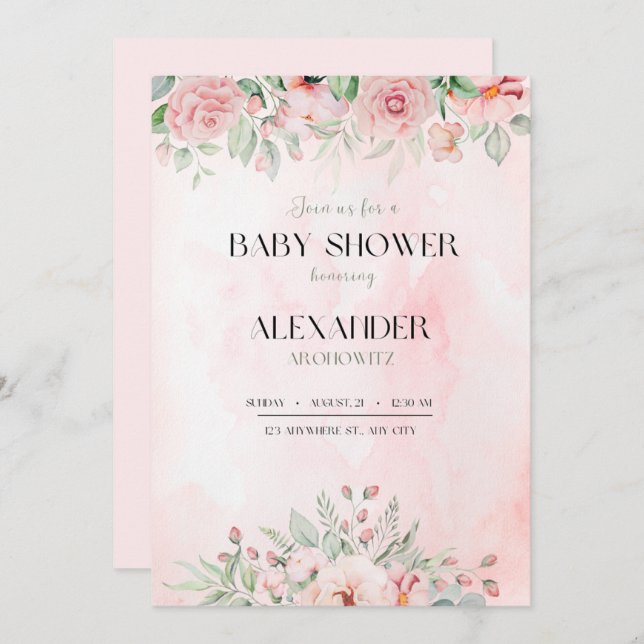 élégant rose bébé fille douche fleurs invitation (Devant / Derrière)