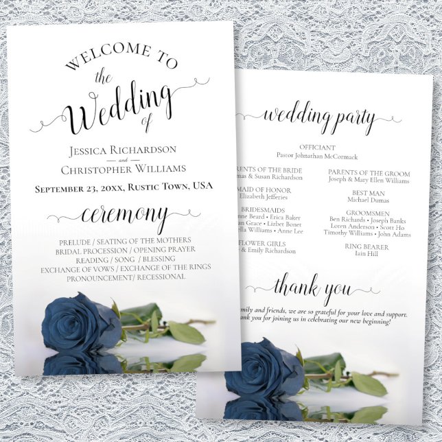 Élégant Rose bleu acier Programme de mariage budgé (Front/Back)