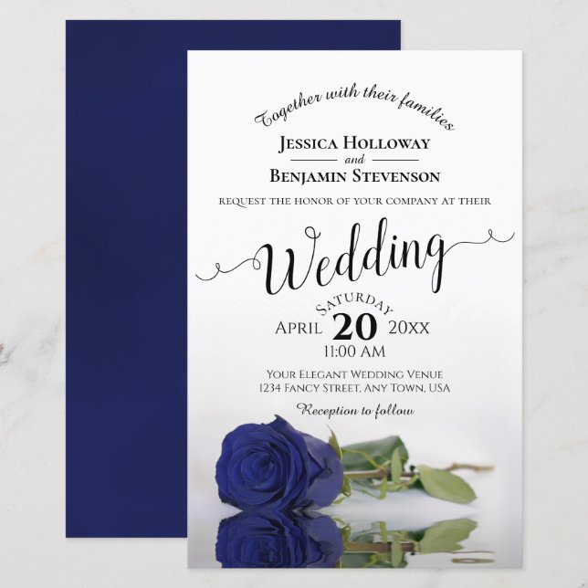Élégant Rose bleu marine Faire-part de mariage BUD (Devant / Derrière)