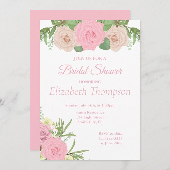 Elégant rose Blush Floral Shower Invitation (Devant / Derrière)