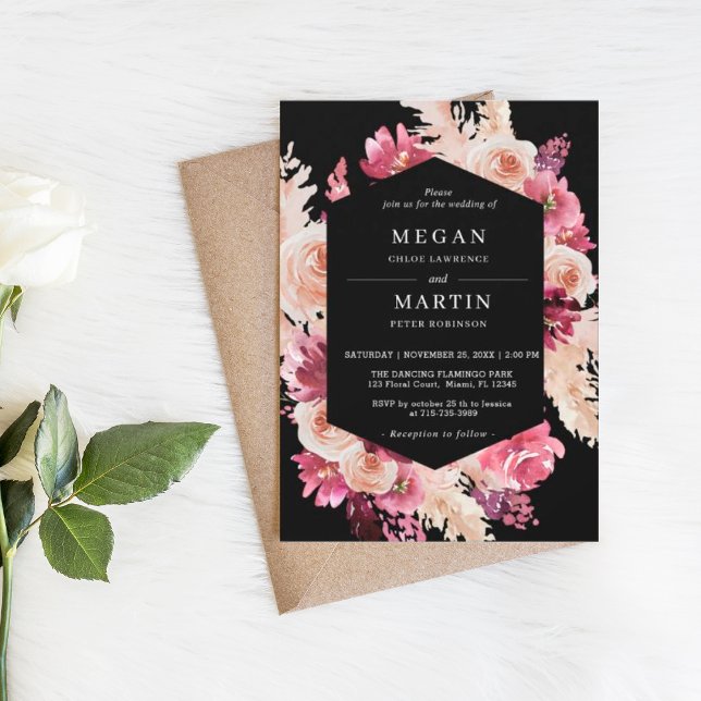 Élégant Rose Boho Mariage Black Invitation (Créateur téléchargé)