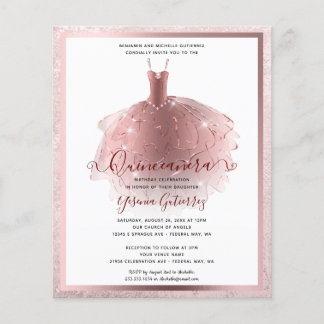 Élégant Rose Budget Gold Quinceañera Invitation