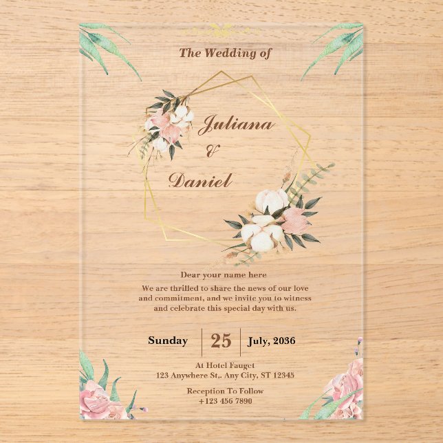 Elégant rose clair Acrylique Mariage Invitations (Recto)