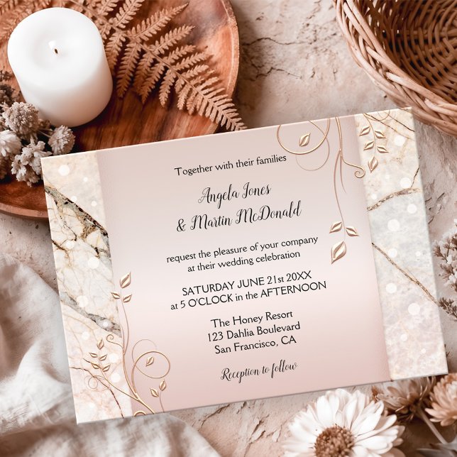 Elégant Rose en marbre or Faire-part de mariage Fl (Wedding invitation featuring rose gold floral swirls on blush pink with marble and light sparkles)