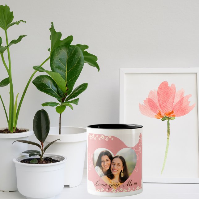 Élégant rose Fleur Coeur Forme Photo Mug (Créateur téléchargé)