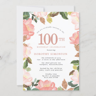 Elégant rose floral 100e anniversaire Invitation