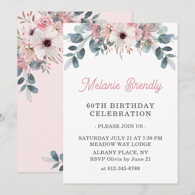 Élégant rose floral 60e anniversaire Invitation de (Devant / Derrière)
