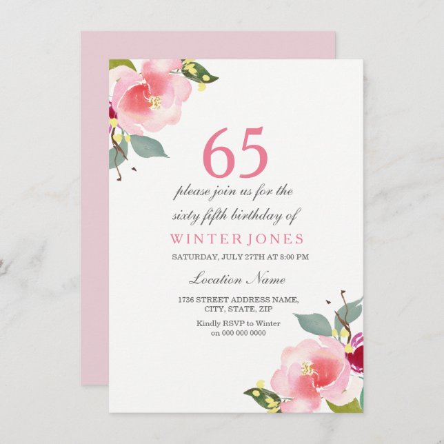 Elégant rose floral 65e anniversaire Invitation de (Devant / Derrière)