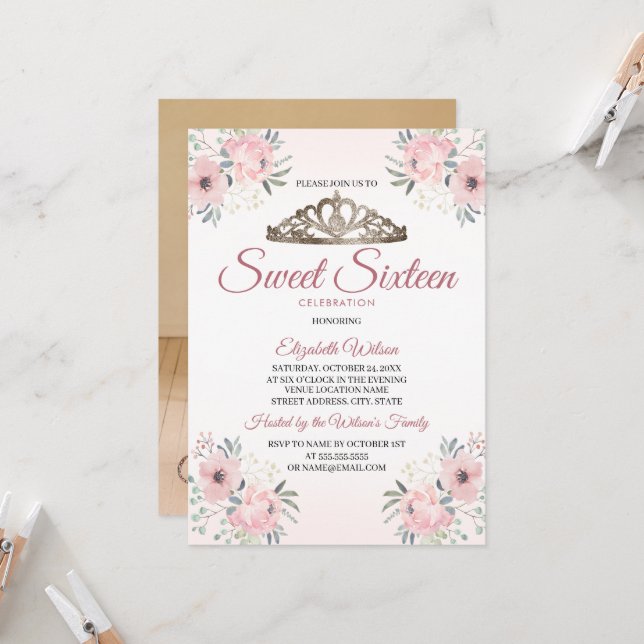 Elégant Rose Floral Gold Photo Sweet 16 Invitation (Devant/Arrière en situation)