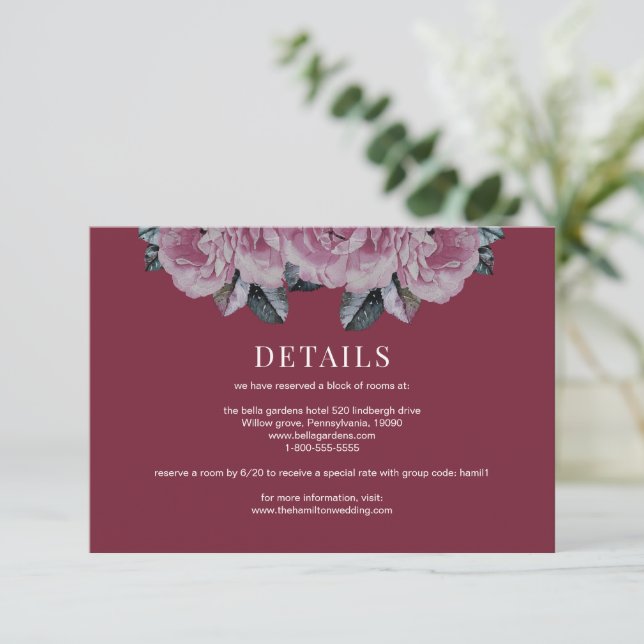 Élégant Rose Floral Mariage détails Carte de boîti (Debout devant)