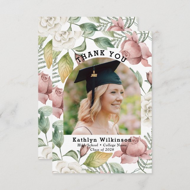 Élégant Rose Floral Photo Merci de graduation (Devant / Derrière)