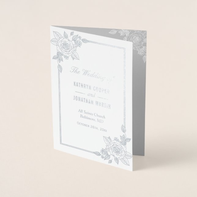 Élégant Rose Frame Silver Foil Wedding Programme (Devant)