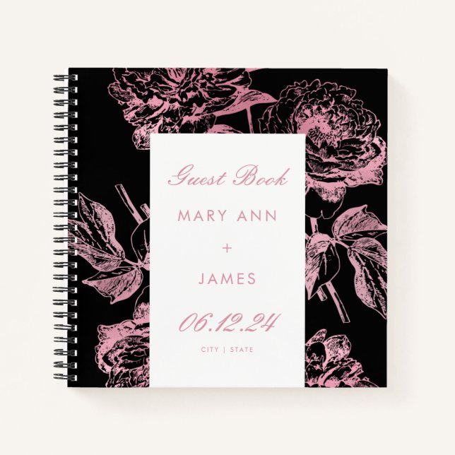 Elégant Rose Gold Black Floral Mariage Livre d'or (Devant)