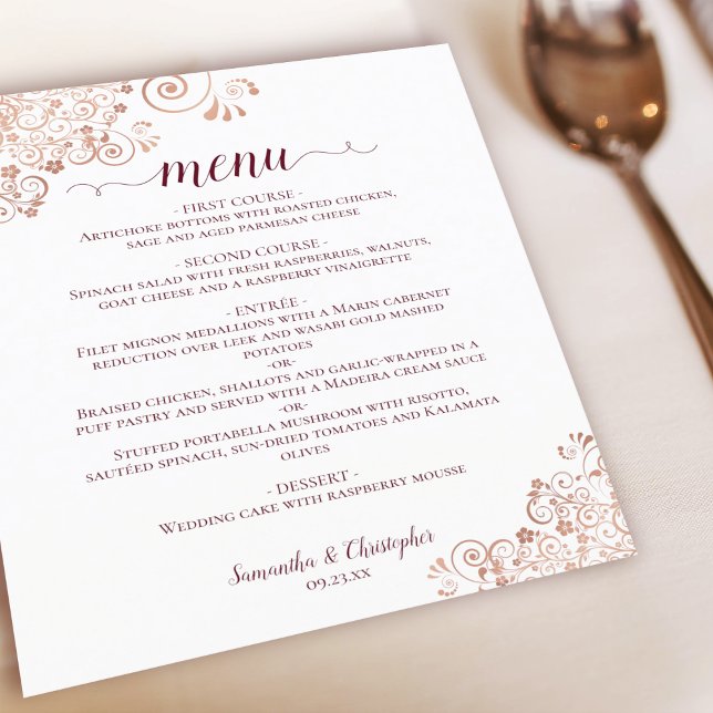 Elégant Rose Gold & Burgundy BUDGET Mariage Menu (Créateur téléchargé)